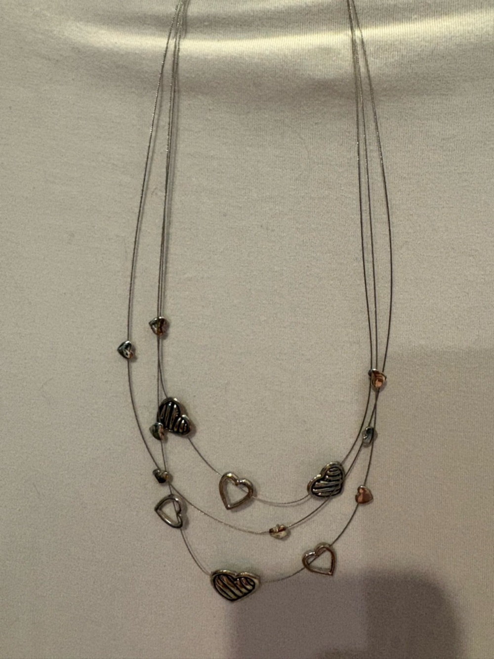 Delicate Triple-Strand Heart Pendant Necklace - Silver & Rose Gold